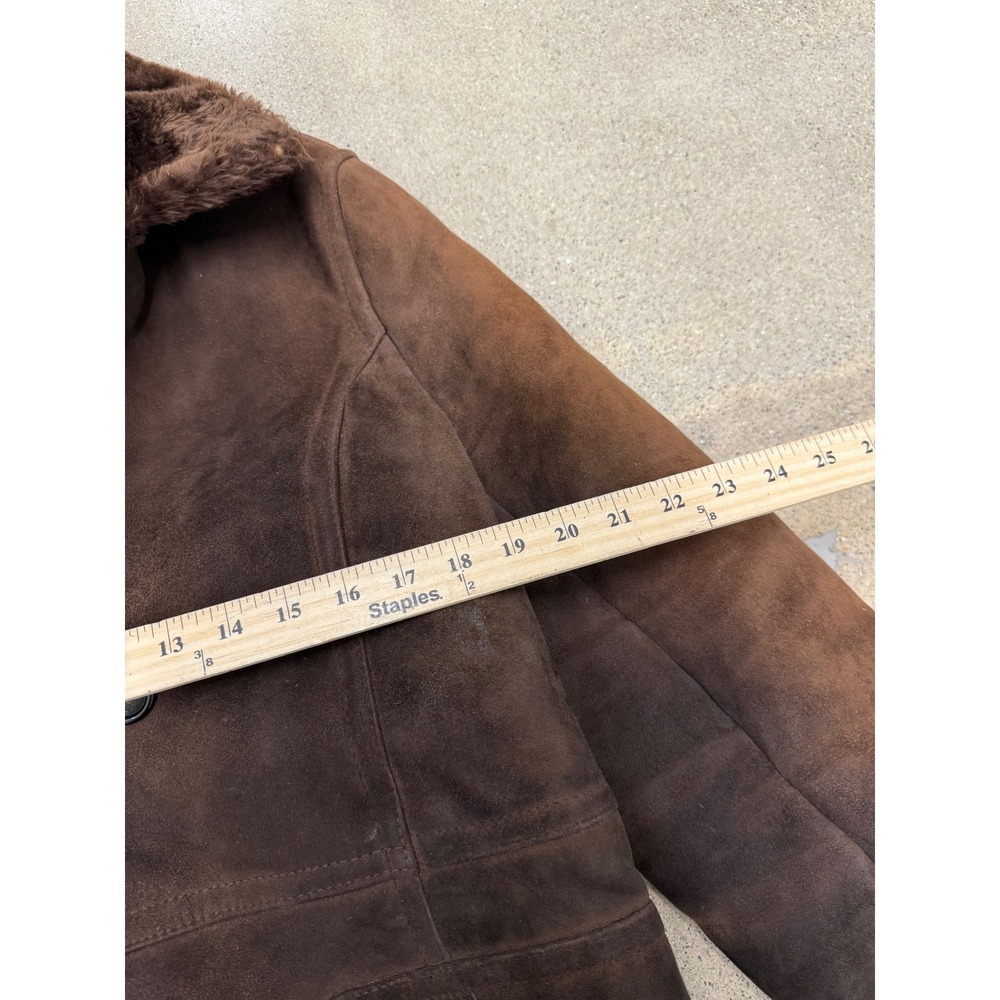 Vintage Brown Shearling Sheepskin Coat Double Breasted Faux Fur Collar Size 50 - Picture 6 of 7